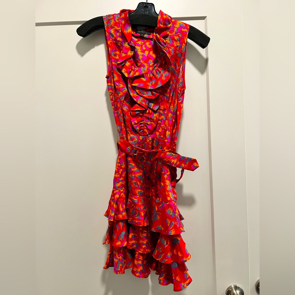 Rachel Zoe belted leopard, ruffle mini dress, size 0